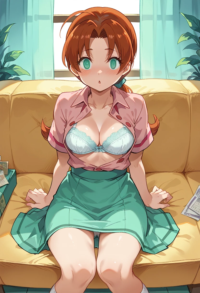 Delia Ketchum from the pokemon series, by the cafe, unbuttoned pink blouse, hypnotized eyes, With one hand she unbuttons her bra to reveal her white bra, long blue-green skirt, With her other hand she lifts her skirt to show her white panties, from his knee, pov I touched her legs, in a sofa, blushing.