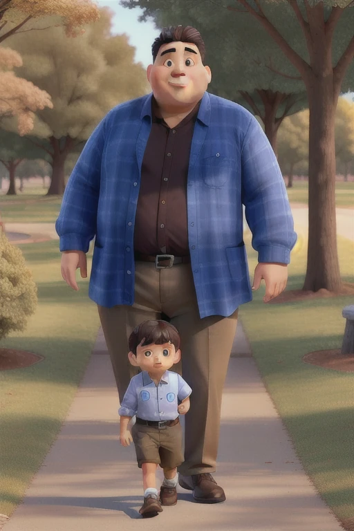 A fat man with dark brown hair wearing a blue long sleeve button-down shirt walking with his young son in a park, sunny day