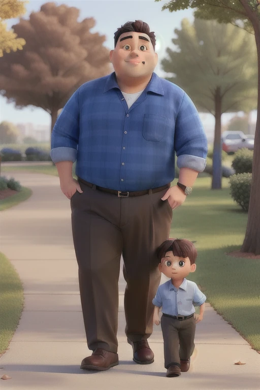 A fat man with dark brown hair wearing a blue long sleeve button-down shirt walking with his young son in a park, sunny day
