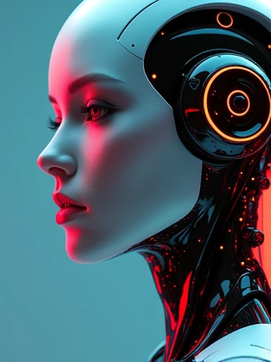 (masterpiece,UHD, photorealistic )an ultra hot gorgeous android robotic  woman. Age 23. Wires.leds.neons.