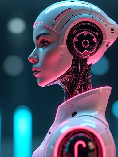 (masterpiece,UHD, photorealistic )an ultra hot gorgeous android robotic woman. Age 23. Wires.leds.neons.