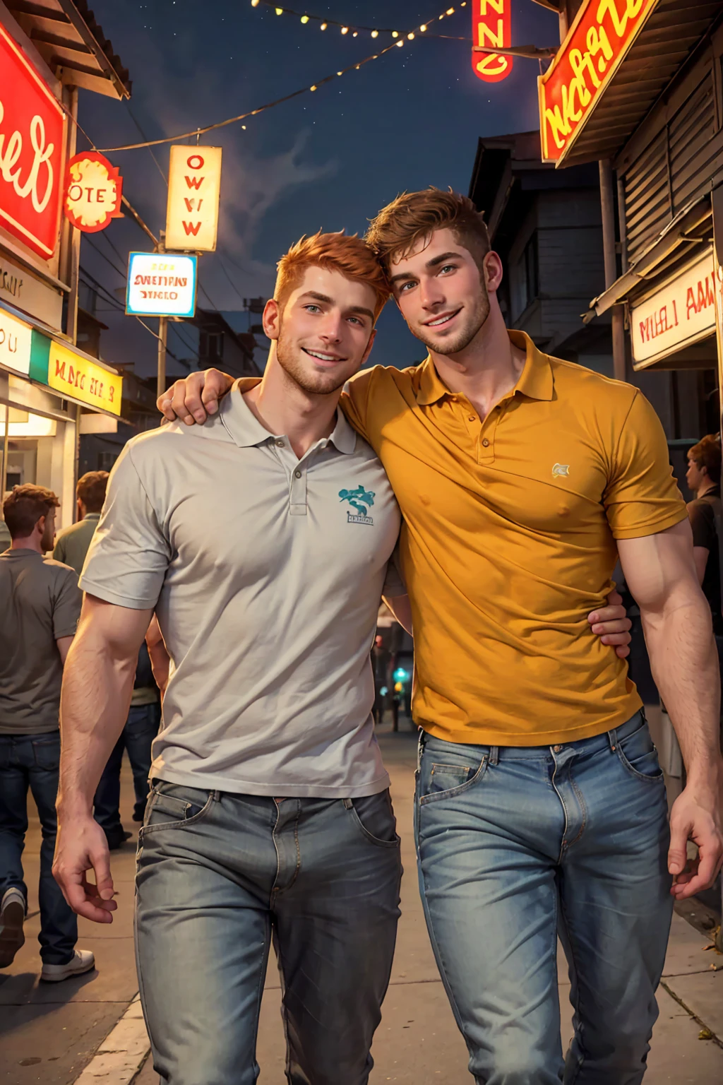 Photo-realistic. A tall, muscular, handsome, 24-year-old jock, with orange hair, stubble, and green eyes, wearing a teal, graphic T-shirt, and jeans, arm around a fit, handsome, 30-year-old, man with short, shaved, brown hair, stubble, and blue eyes, wearing a short sleeve, pale yellow polo shirt, and gray slacks, walking close to each other, leaning into each other, smiling slightly, at a carnival, at night.