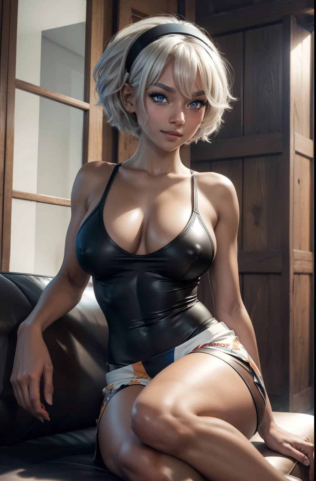 Perfect CG unity 8K UHD wallpaper(girl, tan skin, short white colored hair, vibrant blue eyes, long detailed eyelashes) smiling facial expression, standing, perfect masterpiece, best quality, best resolution, hairband, cowboy shot, black BODYSUIT, print shorts, huge breasts, indoors, sitting on couch, tired, laid back, livingroom, tight top, muscular, toned body, abs, thighs