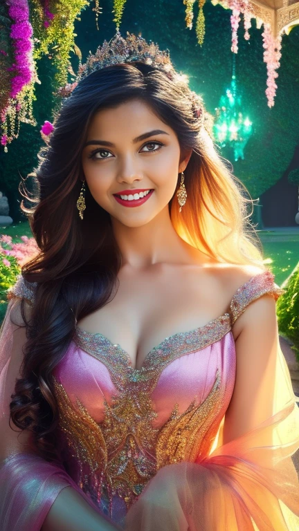 (a beautiful woman in a stunning gown of flowing silk with a radiant smile and captivating eyes),vibrant colors,highres,ultra-detailed,sharp focus,soft lighting,realistic,fantasy-inspired,portraits,subtle color palette,ethereal glow,fairytale,graceful,pastel shades,enchanted garden,lovely flowers,twinkling lights,whimsical ambiance