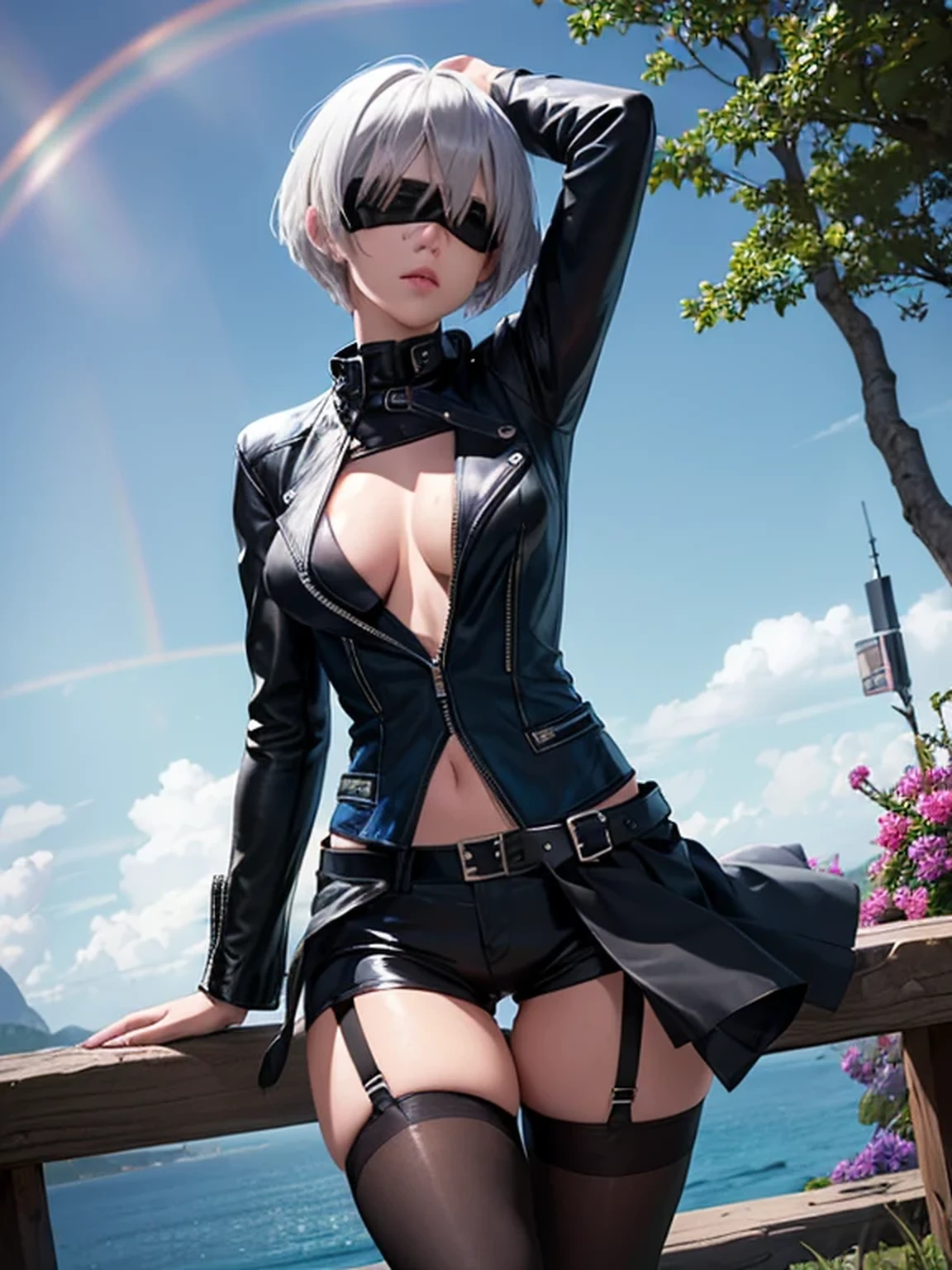 (((Wearing Black Leather Jacket:1.5, Wearing Black Leather shorts:1.1, Wearing Slightly open sheer shirt:1.1, Black knee-length pantyhose:1.1))), highly detailed, Nier Automata character 2b Face, (((silver short hairstyle))), Asymmetrical bangs, ((blindfold, black blindfold:1.2)), very beautiful face, Big Ass, Slightly slim woman, posing like a model, breathtaking beauty, Beautiful and graceful features, dark color sexy lingerie, (((Blue sky Background:1.1))), glowing skin, ((rainbow appears:1.2)), dreamy and fantastical atmosphere, (((beautiful flowers))), Art with precise detail, Futuristic, (moist pink lips), perfect proportions, thigh gap, natural side lighting, Highly detailed CG, Realistic texture, ((masterpiece:1.1, best quality, digital imaging, high resolution photography)), ((solo portrait))