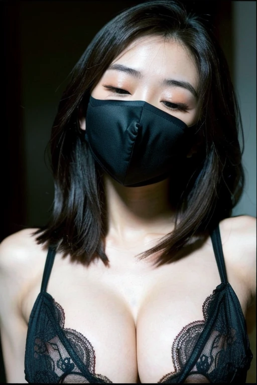 (Cinematic Aesthetic:1.4) Photo of a beautiful korean fashion model Korean girl model (((wearing black mouth mask))), (((girl mastrubation))), closing eyes, excitement, mask, see through outfit, black lingerie, girl with perfect figure, long brunette hair, super fine face and eyes, long hair, small breasts, erected nipples, exposed cleavage