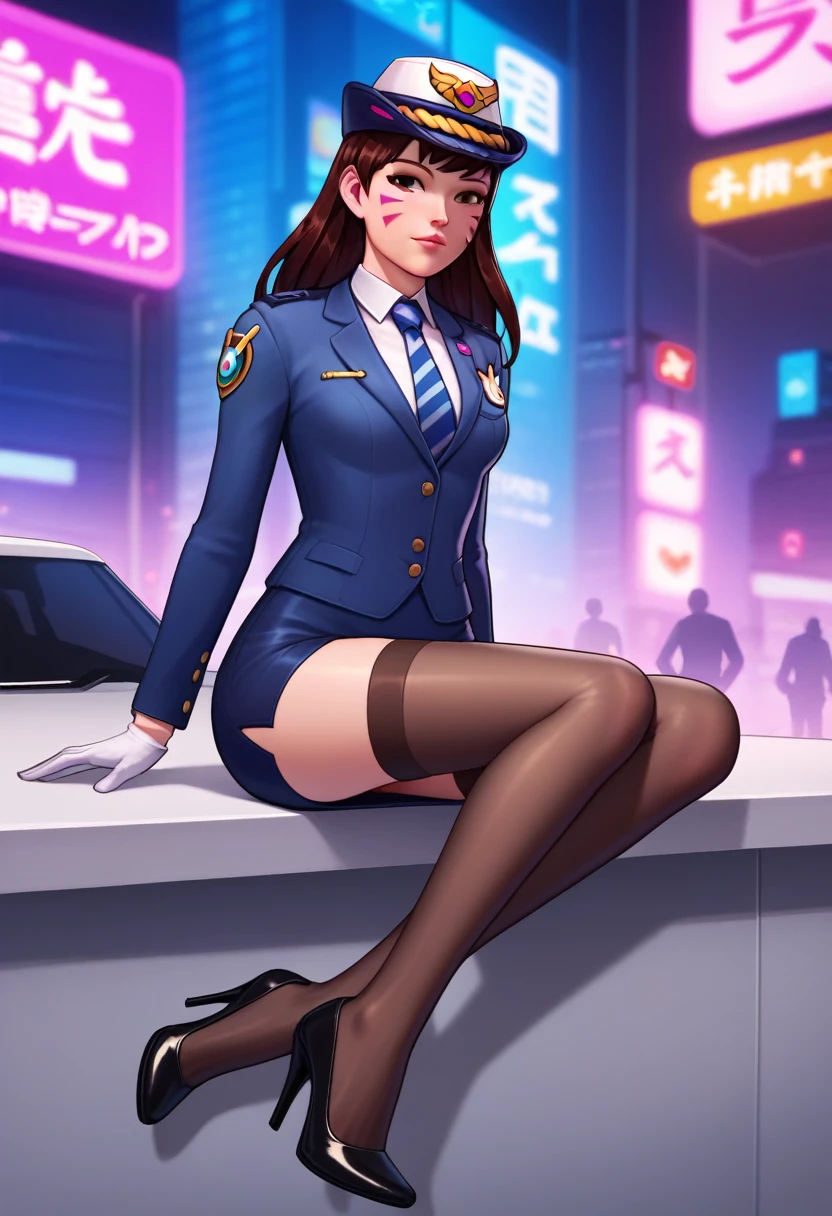 Solo, (Police Uniform, Policewoman), Stockings, City Lights, (Looking at the audience: 1.3), Lips Apart, Red Lips, Shiny Skin, Skin Dents, Best Quality, Ultra High Resolution, (Realism: 1.4),