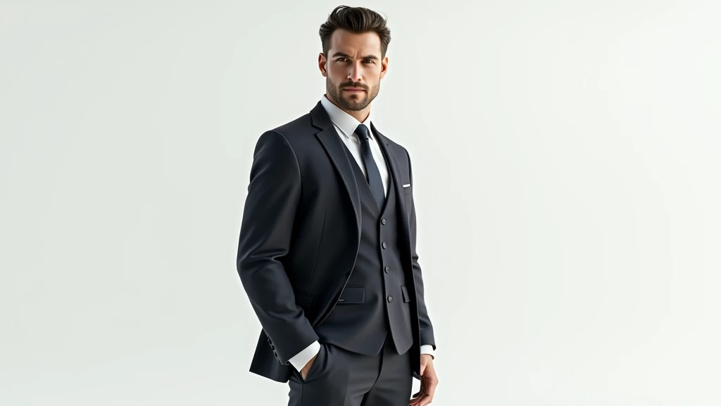 : A realistic 3D rendering of a computer model of a man, captured in a white studio, showcasing intricate clothing textures and natural lighting. 8k