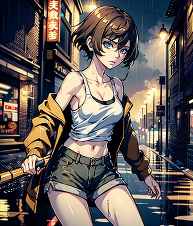 ((masterpiece , best quality)), close-up shot, ((( 1 girl ))), brown hair, cool looking woman, short hair, tomboy, mature woman, expressive eyes, heterochromaia eyes , (perfect female proportions), (very large breasts), long legs, skinny legs, slim hips, off shoulder jacket, tank top, tomboy, milfication, mature female, casual clothes, the loneliest girl, artistic, rainy day, wet, golden hour, rain, sad, Serenity, Anime art , Luminism, Focus on Woman, chaotic, High Creative, Dynamic, informative, High detailing, cinematic light