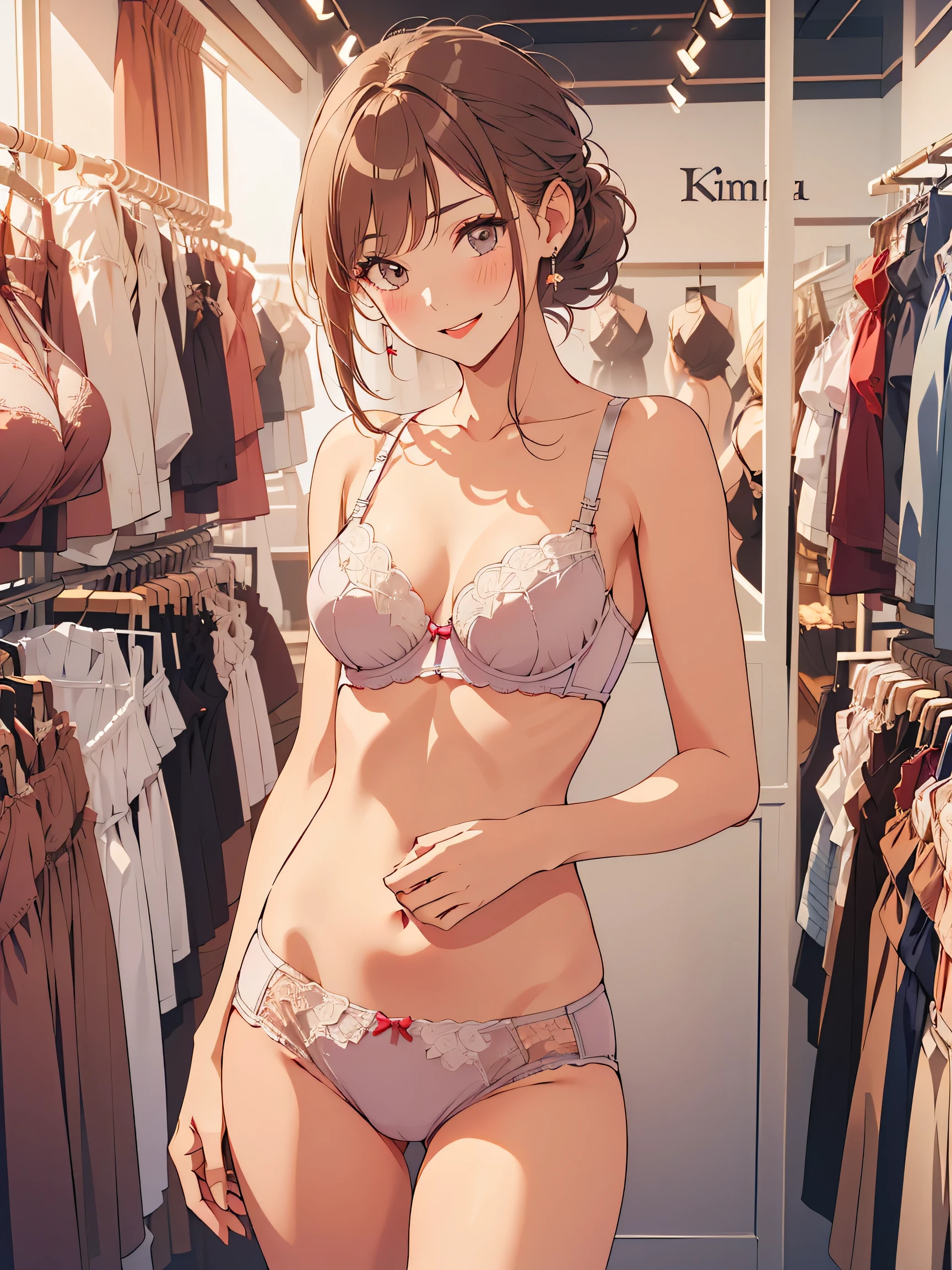 Artwork, Highest quality, Super detailed, ((((Irum_Smellagu, Folded ponytail, Best Anatomy, In underwear, (shorts, elaborately designed luxury shorts for adults, shorts high definition images, draw shorts with super precision), lace trim bra, Highly detailed textures, Earrings, Red lips, Embarrassing, blush, smile)))), Cowboy Shot, (((underwear In underwear store))), Caucasian skin, (presenting shorts), Lingerie shop interior, display shorts, (underwear section filled with many shorts), (shorts taken off)