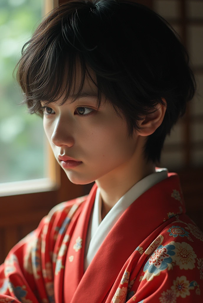 (best quality, masterpiece, ultra detailed, ultra high res, photorealistic, raw photo, absurdres, absolutely resolution) , Zooming in and fixed shot, a teenage Japanese male idol in a kimono is lost in thought, A teenage Japanese male idol is lost in thought with a serious expressionon