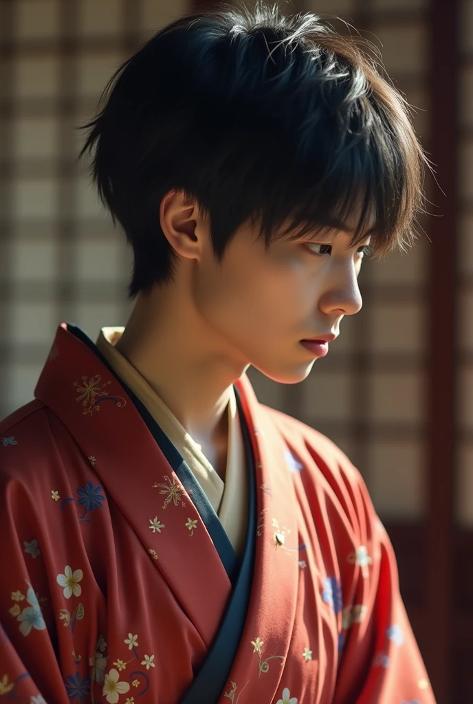 (best quality, masterpiece, ultra detailed, ultra high res, photorealistic, raw photo, absurdres, absolutely resolution) , Zooming in and fixed shot, a teenage Japanese male idol in a kimono is lost in thought, A teenage Japanese male idol is lost in thought with a serious expressionon