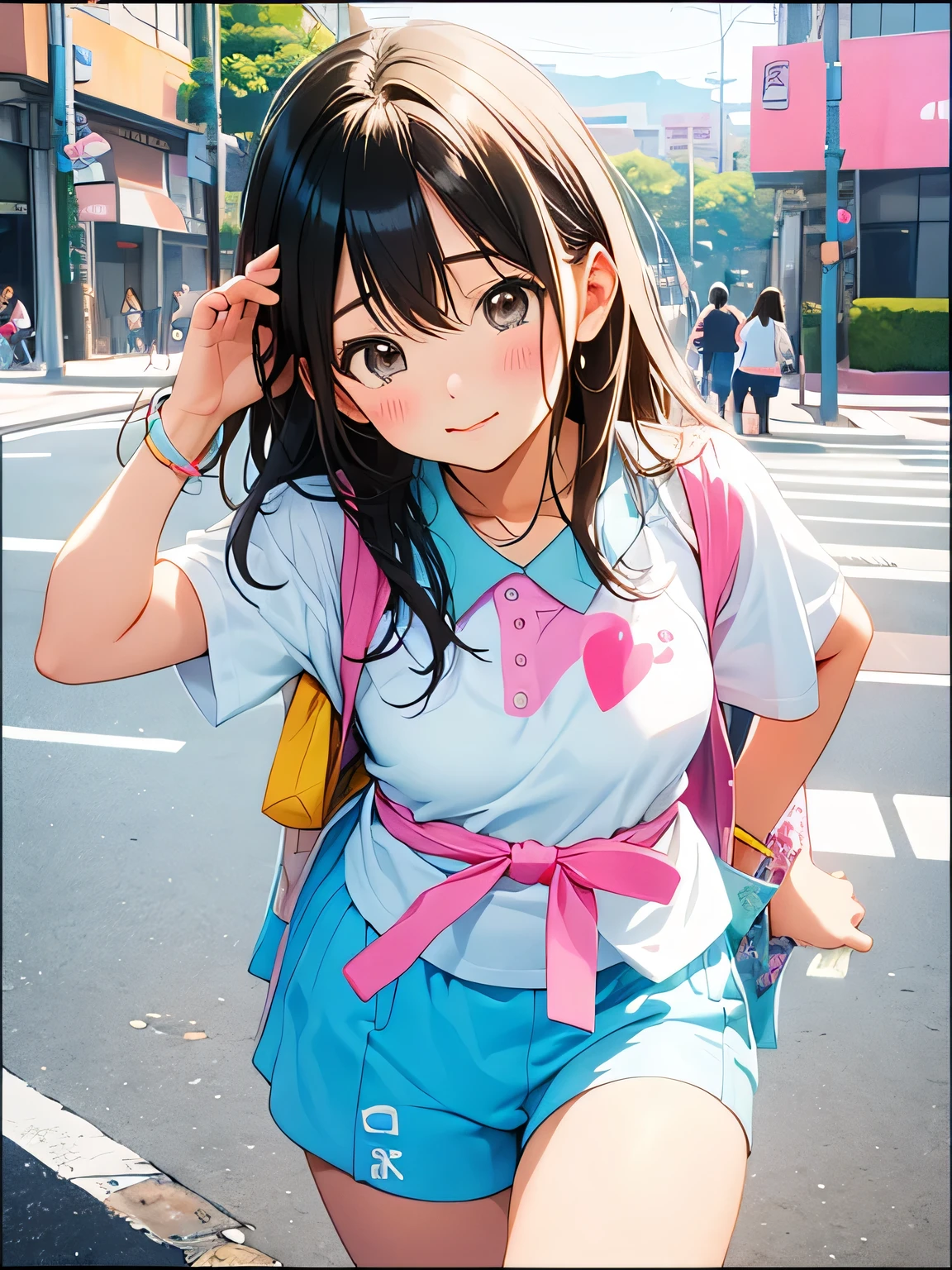 masterpiece, Highest quality, Nico_Yazawa,High resolution, 1 Girl, alone, Brown Hair, short hair, Twin tails、Purple eyes,  , , (Cleavage)、(Beautiful thighs), Carrying a red backpack, (randoseru backpack:1.2) Sweaty、Thick thighs、Highest quality、4K、1girl, 8**ars old, loli, cute, grin, 、School Swimsuit、on the train、Many passersby are surrounding the girl.、、Thick thighs、Ahegao、Men holding their penises and surrounding girls、Semen from the penis、Bukkake、Bukkake、（Bukkake）projectile cum、Blowjob