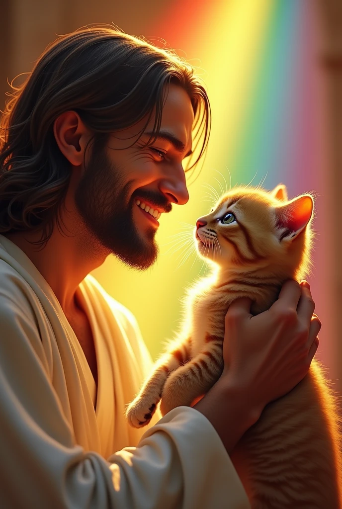 Jesus Christ shows compassion to a kitten in the temple. He smiles happily with a wise and benevolent face. they are shining. Surrounded by rainbow-colored light. Jesus of Nazareth is depicted as a gentle, gentle man with shoulder-length hair. His wavy brown hair flows over his shoulders. His captivating hazel eyes convey deep wisdom and empathy, radiating warmth and understanding. The other man is depicted as a kind-hearted Japanese man with a calm, cheerful expression and a shaved head similar to that of Buddha. The Japanese man's mesmerizing dark eyes convey deep wisdom and empathy, radiating warmth and understanding as he gazes tenderly at Jesus Christ. Photography, close-up, highly detailed, trending at the art station, sharp focus, studio shot, intricate details, Greg Rutkowski,