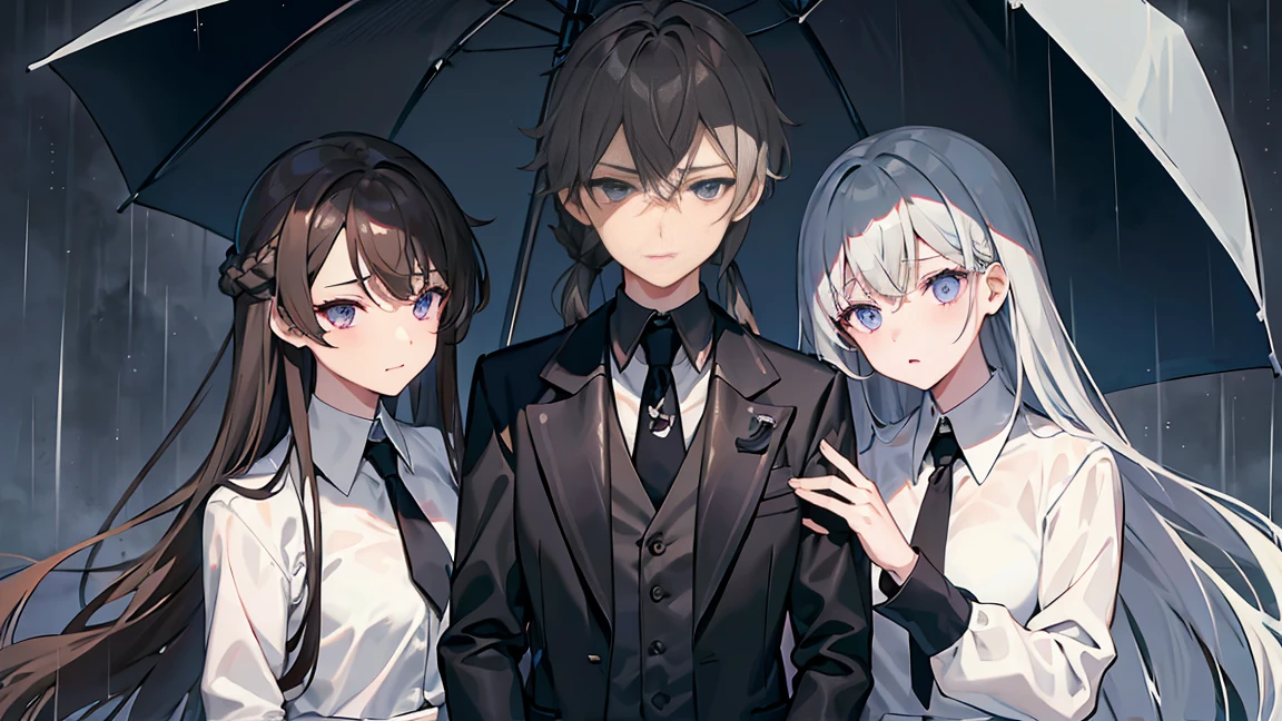 Dark grey and light brown hair、Long hair tied back、Looking down with cold eyes、Showing from the waist up、Black suit draped over shoulders、Wearing a white shirt underneath、black tie、Blue-violet eyes、((Rainy gray background))、Holding a large open umbrella。Beauty、Detailed picture、(((Detailed clothing)))、Hold a lit cigarette in your mouth、イケメン風のBeauty