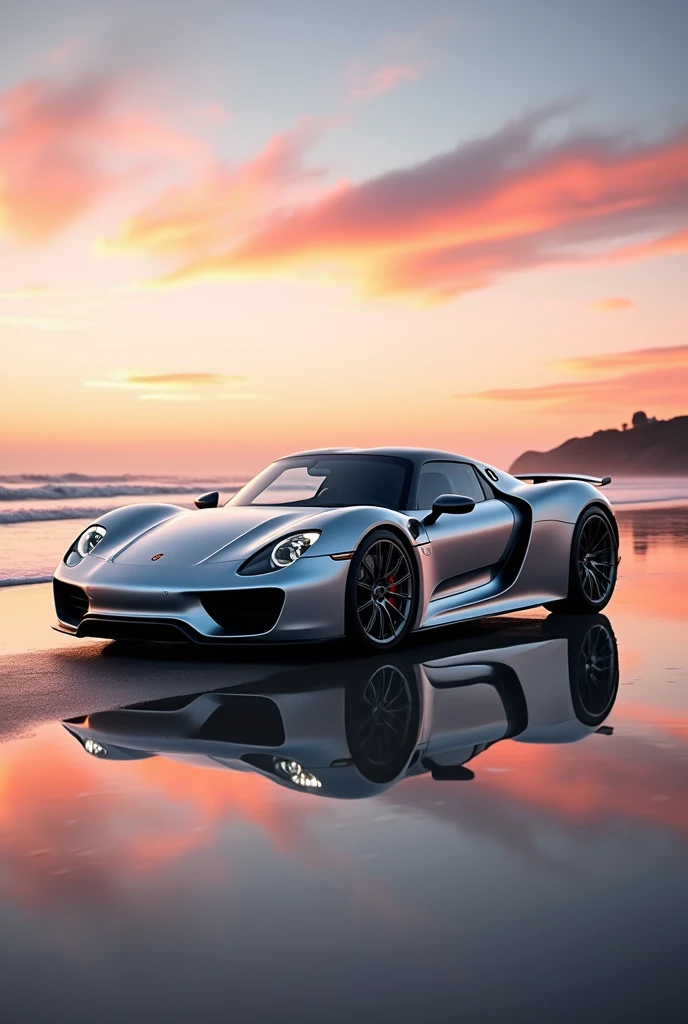 A stunning photograph of a silver Porsche 918 spyder, sitting majestically on a pristine beach with a glassy reflective surface. The reflection of the car in the sand captures the essence of its powerful design and sharp lines. The vehicle's sleek appearance is accentuated by the sharp, cast shadows on the beach. The sky above is a vibrant mix of warm oranges and pinks, mirrored in the reflection of the car, showcasing a perfect blend of speed and beauty., photo, cinematic, vibrant