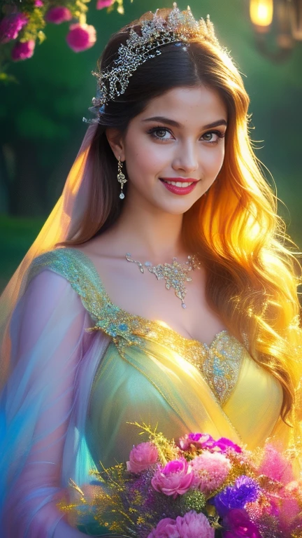 (a beautiful woman in a stunning gown of flowing silk with a radiant smile and captivating eyes),vibrant colors,highres,ultra-detailed,sharp focus,soft lighting,realistic,fantasy-inspired,portraits,subtle color palette,ethereal glow,fairytale,graceful,pastel shades,enchanted garden,lovely flowers,twinkling lights,whimsical ambiance