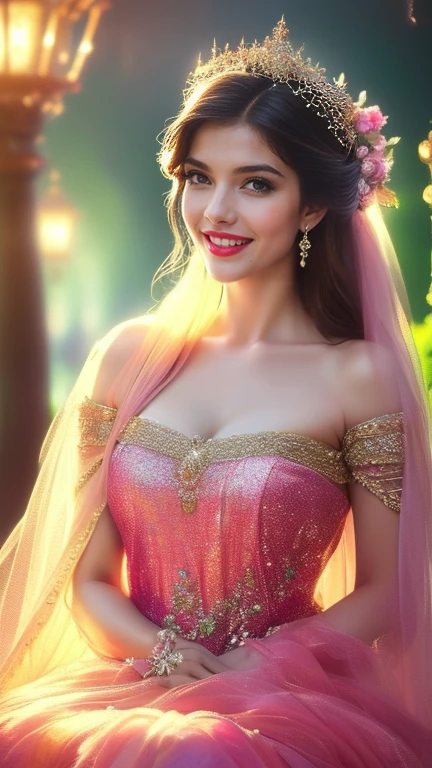 (a beautiful woman in a stunning gown of flowing silk with a radiant smile and captivating eyes),vibrant colors,highres,ultra-detailed,sharp focus,soft lighting,realistic,fantasy-inspired,portraits,subtle color palette,ethereal glow,fairytale,graceful,pastel shades,enchanted garden,lovely flowers,twinkling lights,whimsical ambiance