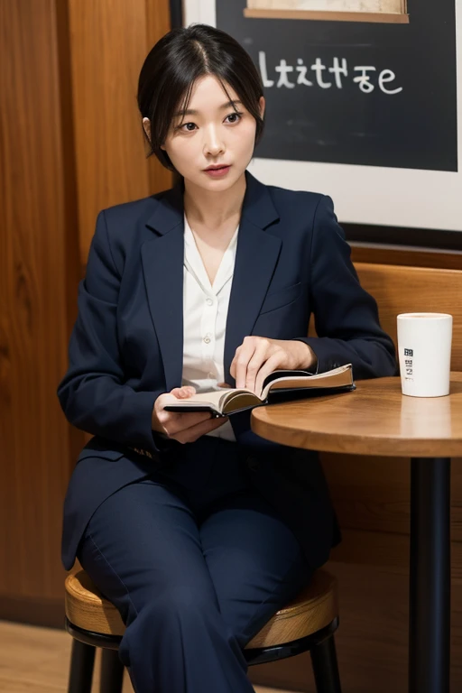 A 40-year-old Japanese woman is reading a book early in the morning in a cafe near an office district.。She is wearing a pantsuit。short hair。The eyes are on the book。