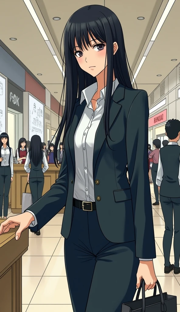 ((A woman with long hair)),In the mall,Shopping,Black straight hair,Ladies suits,((Cold expression)),Japanese comic style,Hand the bag to the female clerk at the counter
