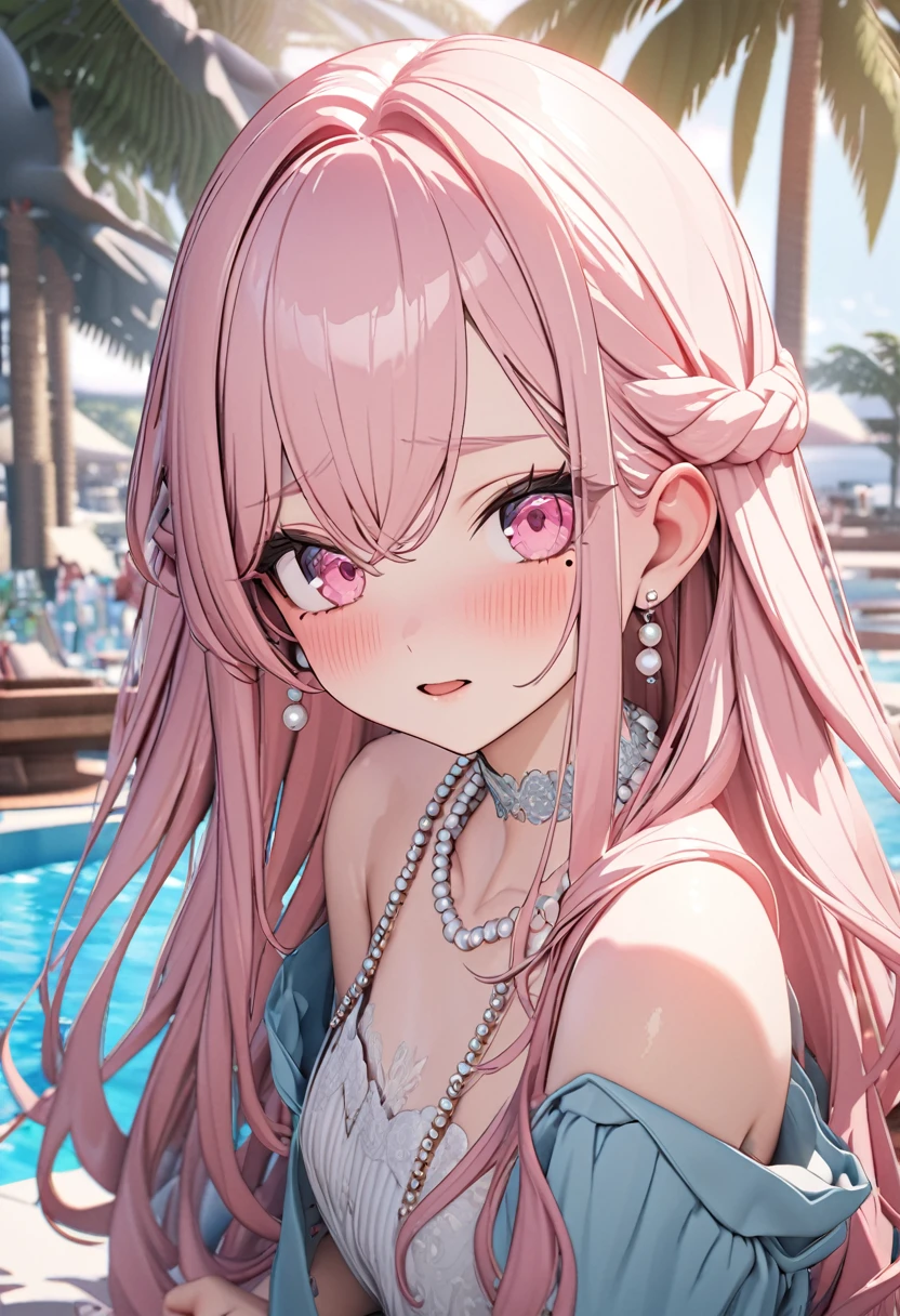 masterpiece, Highest quality, Very detailed, High resolution, expensive resolution, High resolution, 4K, 8k, Unity 8k wallpaper, Very detailed CG, masterpiece, 2D, 3d, Beautiful details, depth, Fine texture, Highest quality: 1.3, Perfect focus, Crispy skin, he, Very cute anime girl, Girl with pearl necklace and pearl earrings, Idol. The background is the sea where dolphins jump, Dancing Scallop, Palm tree, expensive, Pink medium long hair, Mole under eye, Looking at the audience, expensive, blush, Mole, Open your lips, , heart, Pink Eyes, choker
