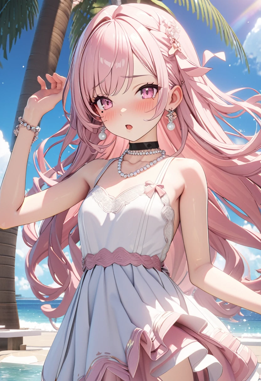 masterpiece, Highest quality, Very detailed, High resolution, expensive resolution, High resolution, 4K, 8k, Unity 8k wallpaper, Very detailed CG, masterpiece, 2D, 3d, Beautiful details, depth, Fine texture, Highest quality: 1.3, Perfect focus, Crispy skin, he, Very cute anime girl, Girl with pearl necklace and pearl earrings, Idol. The background is the sea where dolphins jump, Dancing Scallop, Palm tree, expensive, Pink medium long hair, Mole under eye, Looking at the audience, expensive, blush, Mole, Open your lips, , heart, Pink Eyes, choker