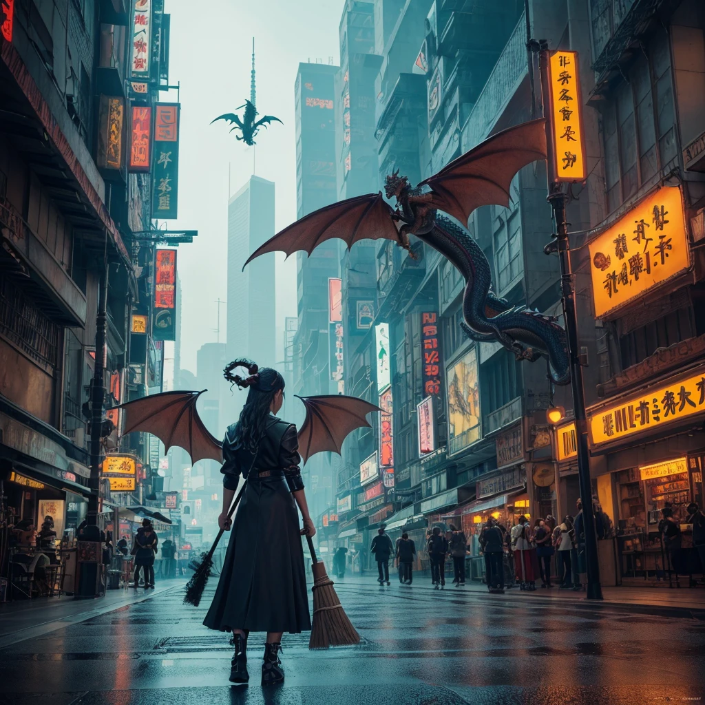 (masterpiece, figure, Highest quality:1.2), detailed, Complex, 8k, High resolution, Cinema Lighting, Sharp focus, photograph, , (Dragon, Dragon holding broom, holding broom, Dragon sweeping road with broom:1.2), broom, Multiple Wings, , detailed background, road, (Cyberpunk City:1.2), car, people々, national, 通行people, Peaceful life,