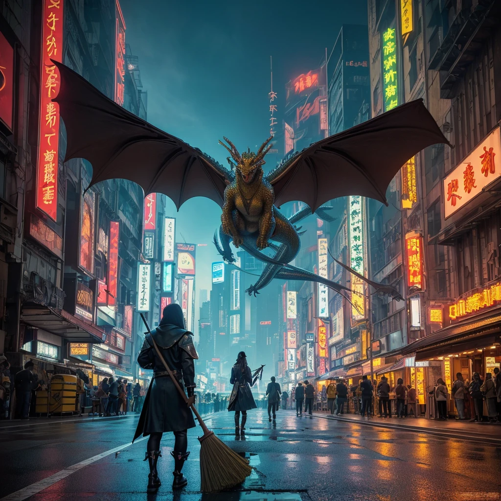 (masterpiece, figure, Highest quality:1.2), detailed, Complex, 8k, High resolution, Cinema Lighting, Sharp focus, photograph, , (Dragon, Dragon holding broom, holding broom, Dragon sweeping road with broom:1.2), broom, Multiple Wings, , detailed background, road, (Cyberpunk City:1.2), car, people々, national, 通行people, Peaceful life,