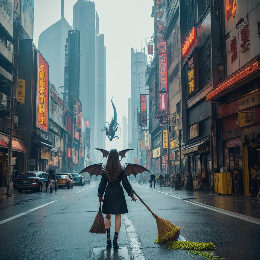(masterpiece, figure, Highest quality:1.2), detailed, Complex, 8k, High resolution, Cinema Lighting, Sharp focus, photograph, , (Dragon, Dragon holding broom, holding broom, Dragon sweeping road with broom:1.2), broom, Multiple Wings, , detailed background, road, (Cyberpunk City:1.2), car, people々, national, 通行people, Peaceful life,