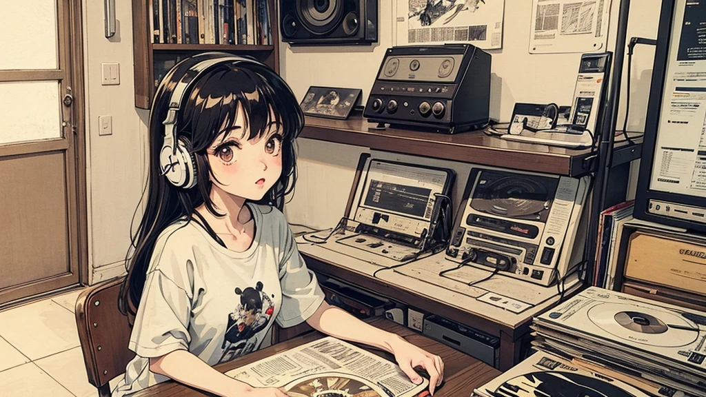 1 girl, 80s anime style, I have headphones on, coffee, Retro, Lo-Fi,A stylish room filled with records, Wearing a short-sleeved T-shirt、