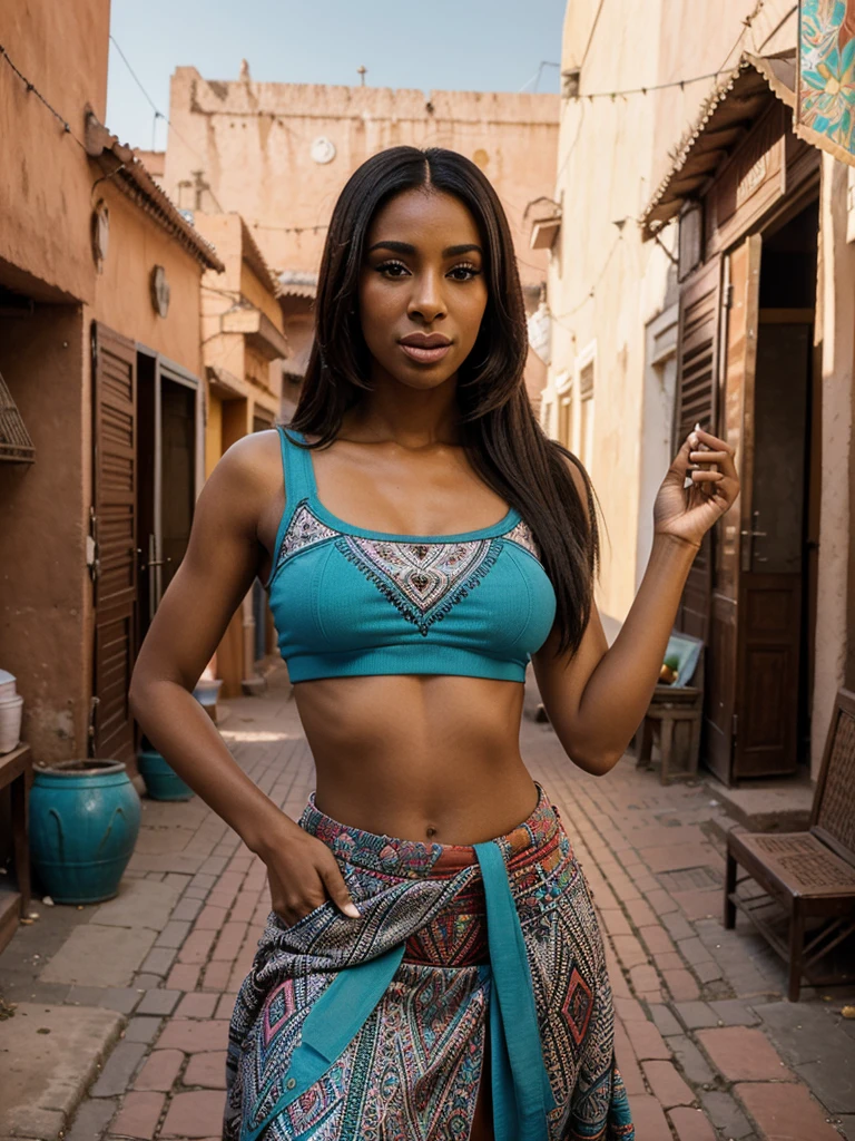 At the vibrant cityscape of Marrakech in Morocco, a stunning 31-year-old woman with a striking face and an open mouth stands confidently. She dons a teal crop top and a patterned skirt with intricate designs, posing like Kelly Rowland.