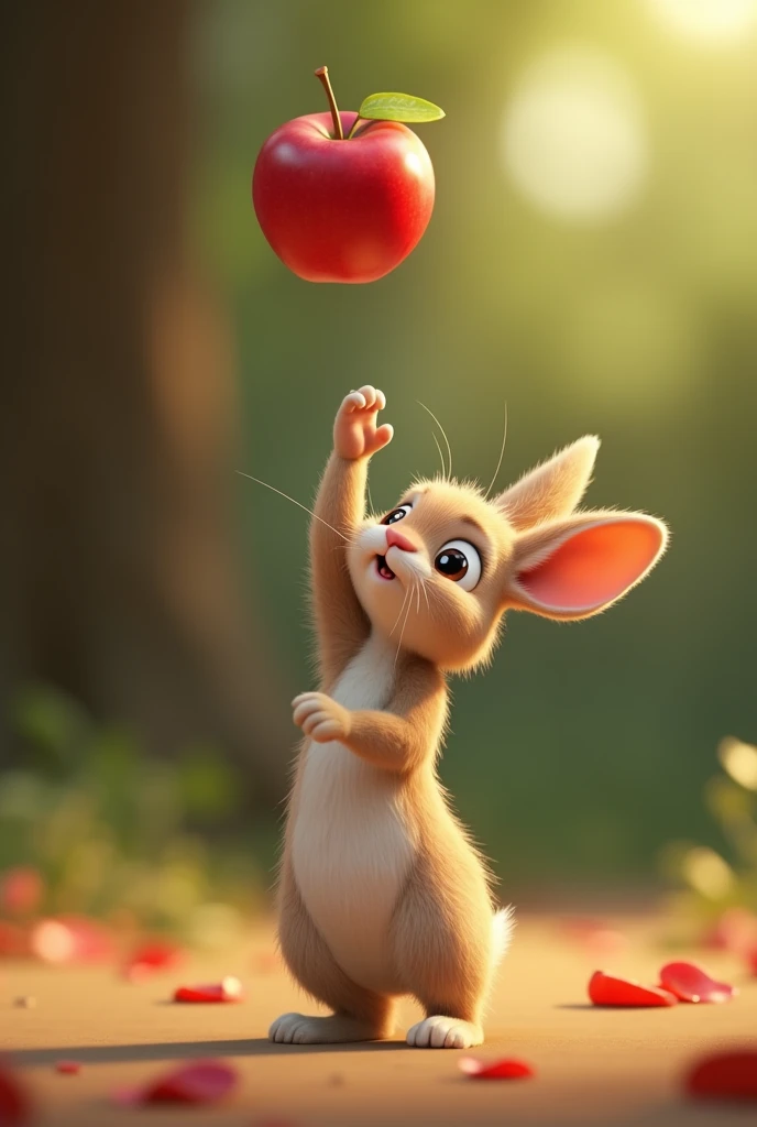 The baby rabbit standing on its hind legs, stretching as high as it can, its little paws reaching for the apple. Its face shows determination, but it’s clear the apple is just out of reach, um personagem animado, Caractere estilizado, animation style rendering, 3D estilizado, Arnold Maya render, 3 d render stylized, toon render keyshot, Personagem 3D, Personagem 3D, 3d rendering stylized, 3d character render, personagem de desenho animado, Personagem de close up, Pose de personagem, (Estilo Pixar) (master part:1.2) (Bokeh) (best quality) (pele detalhada) (textura detalhada) (8k) (argila) (Cinematic lighting) (foco nítido，Senta e vaza a parte superior do corpo