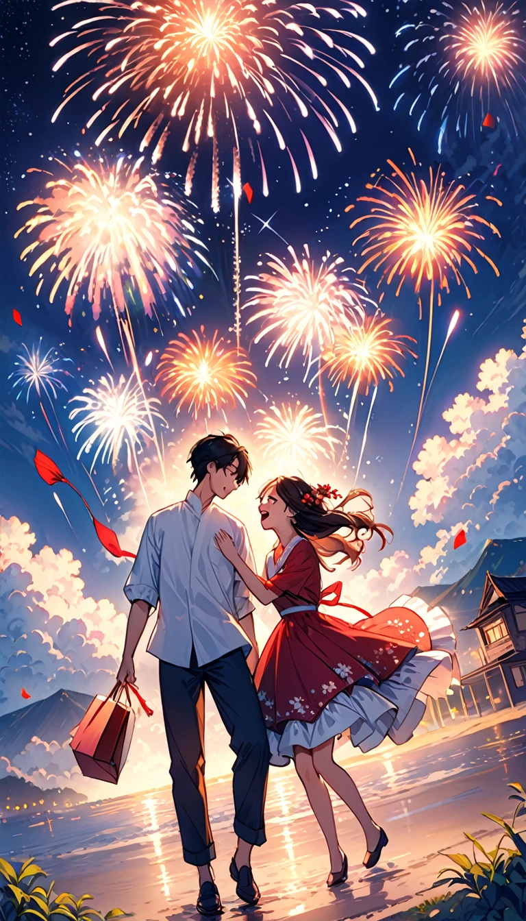 (Highest quality、Very detailed、Real:1.37)、humor、firework、night、Starry Sky、Manga style、Desaturate、Girls and boys、Fun couple、Laughter、Floating Love、