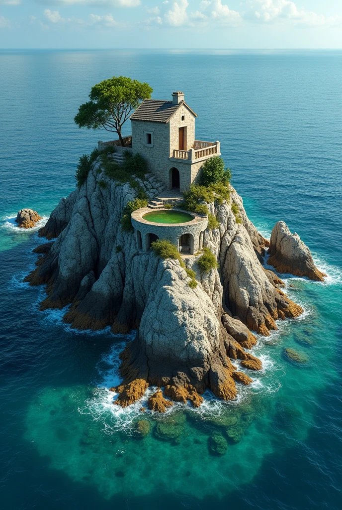 The image is an aerial view of a beautiful island in the middle of the ocean. The island is made up of large rocks and boulders, with a small house-like structure on top. The house is made of stone and has a balcony with a railing and a balcony railing. There is a small tree on the right side of the island and a small pool on the left side. The water is a beautiful turquoise color and there are small waves crashing against the rocks. The sky is clear and the overall scene is peaceful and serene.