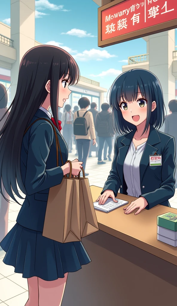((A woman with long hair)),In the mall,Shopping,Japanese comic style,counter女店员,counter,Blue black short hair,Suit,Work badge,Shocked expression,手中拿着Shopping袋,A lot of people around