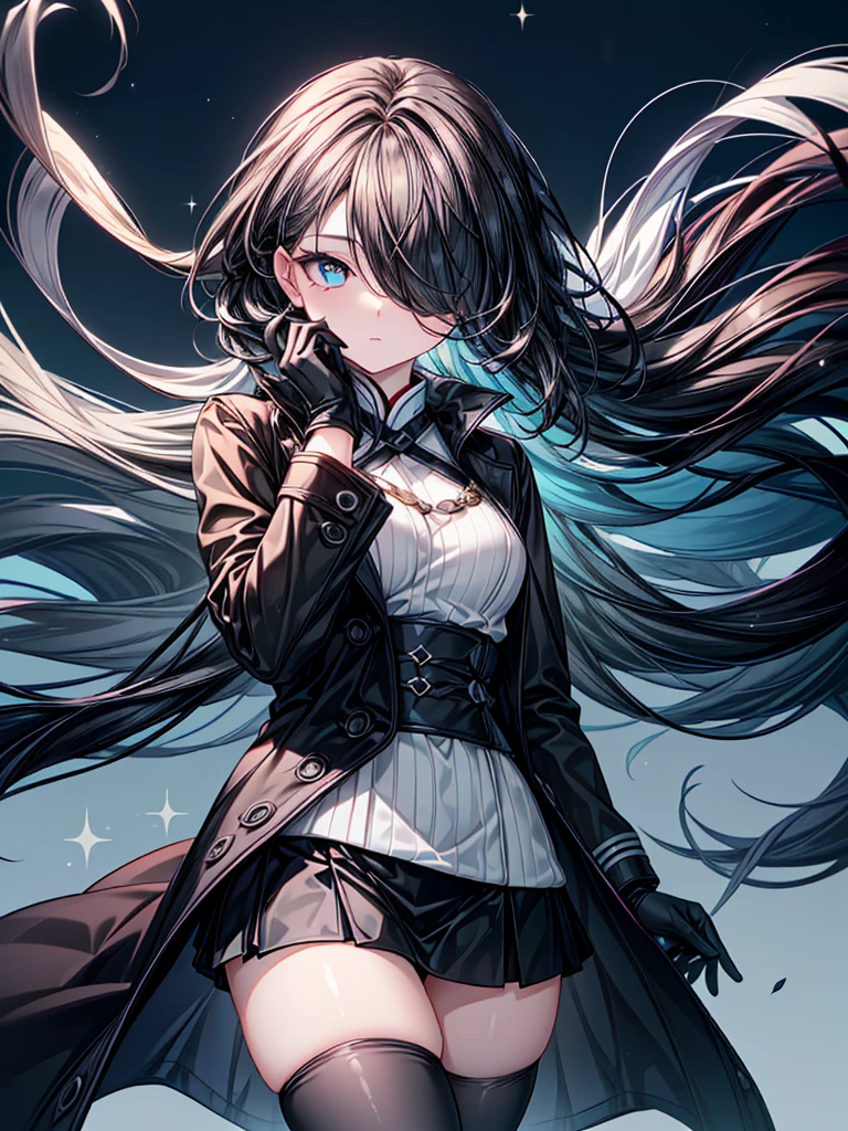 ((Oriental Project)),((Celestial Glacier)),((masterpiece)),((Highest quality)),((black micro mini length skirt)),((face waiting for kiss)),((alone)),((Deep blue pupils)),((sparkling eyes)),(Beautiful Blue Eyes),((Wearing a black coat)),(((Wearing black tights))),(Slim body),((length, Shiny black hair)),((Her left eye is completely hidden by her bangs)),((Her hair is parted, and you can see her eyes through it)),((Wearing black gloves)),((hair over one eye,long hair)),((Complex background)),((Hair blowing in the wind))