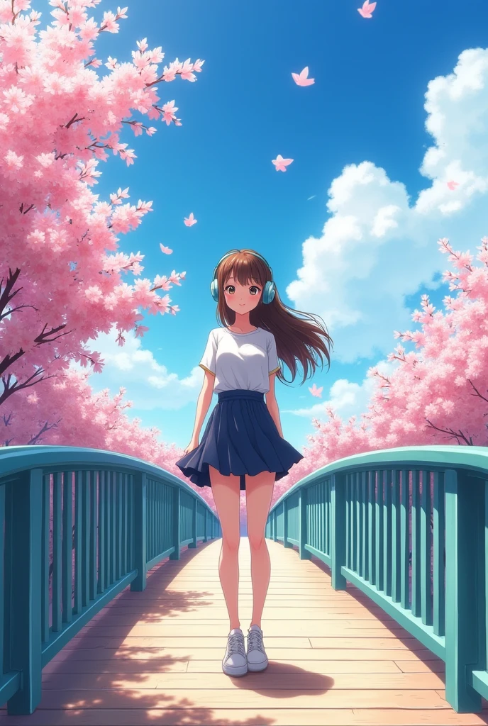 A beautiful anime,cute woman,with headphones,on bridge, daytime, beautiful scenery, joyful, happy, skirt and top, with white sneakers, looking another side,oil painting,long image fit in wallpaper HD,no blur face,no error, enjoying view another side beautiful scenery soft,sexy cute, blossom