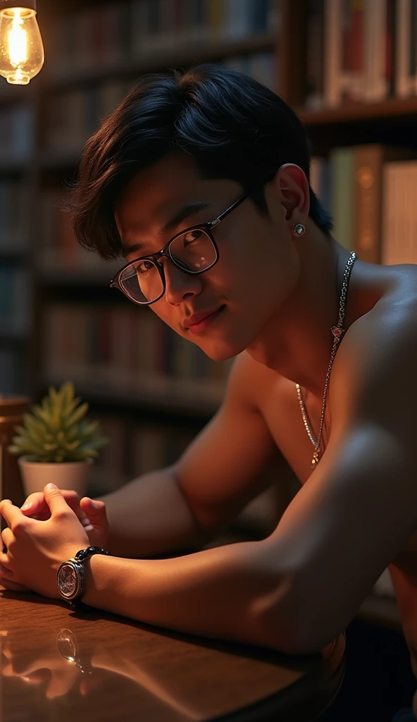 nsfw, best quality, masterpiece, extremely detailed, masculine, sexy, homoerotic, extremely handsome, 25 year old borneo man, wearing glasses, round face with chubby cheeks, muscular build, cheeky smile, fitted clothes, rose quartz crystal pendant, bead bracelet, bends forward and elbows on a table, in library, side view, afterhours, lights off, at midnight, cinematic shadows, dreamy atmosphere, perfect face, perfect hands, perfection