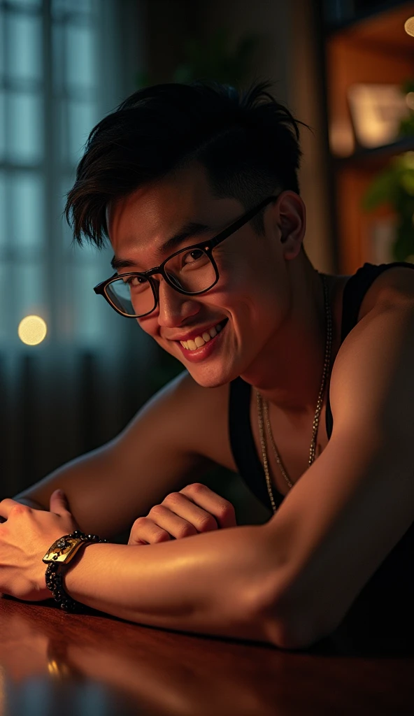 nsfw, best quality, masterpiece, extremely detailed, masculine, sexy, homoerotic, 25 year old bruneian malay man, wearing glasses, round face with chubby cheeks, athletic muscular build, cheeky smile, fitted clothes, rose quartz crystal pendant, crystal bead bracelet, bends forward and elbows on a table, in library, side view, afterhours, lights off, at midnight, cinematic shadows, dreamy atmosphere, perfect face, perfect hands, perfection