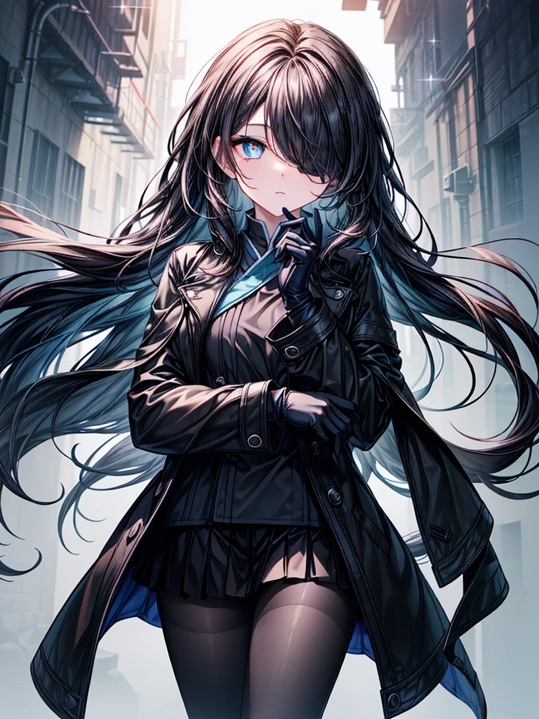 ((Oriental Project)),((Celestial Glacier)),((masterpiece)),((Highest quality)),((black micro mini length skirt)),((face waiting for kiss)),((alone)),((Deep blue pupils)),((sparkling eyes)),(Beautiful Blue Eyes),((Wearing a black coat)),(((Wearing black tights))),(Slim body),((length, Shiny black hair)),((Her left eye is completely hidden by her bangs)),((Her hair is parted, and you can see her eyes through it)),((Wearing black gloves)),((hair over one eye,long hair)),((Complex background)),((Hair blowing in the wind))
