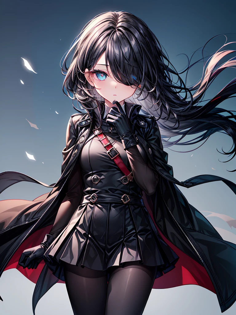 ((Oriental Project)),((Celestial Glacier)),((masterpiece)),((Highest quality)),((black micro mini length skirt)),((face waiting for kiss)),((alone)),((Deep blue pupils)),((sparkling eyes)),(Beautiful Blue Eyes),((Wearing a black coat)),(((Wearing black tights))),(Slim body),((length, Shiny black hair)),((Her left eye is completely hidden by her bangs)),((Her hair is parted, and you can see her eyes through it)),((Wearing black gloves)),((hair over one eye,long hair)),((Complex background)),((Hair blowing in the wind))
