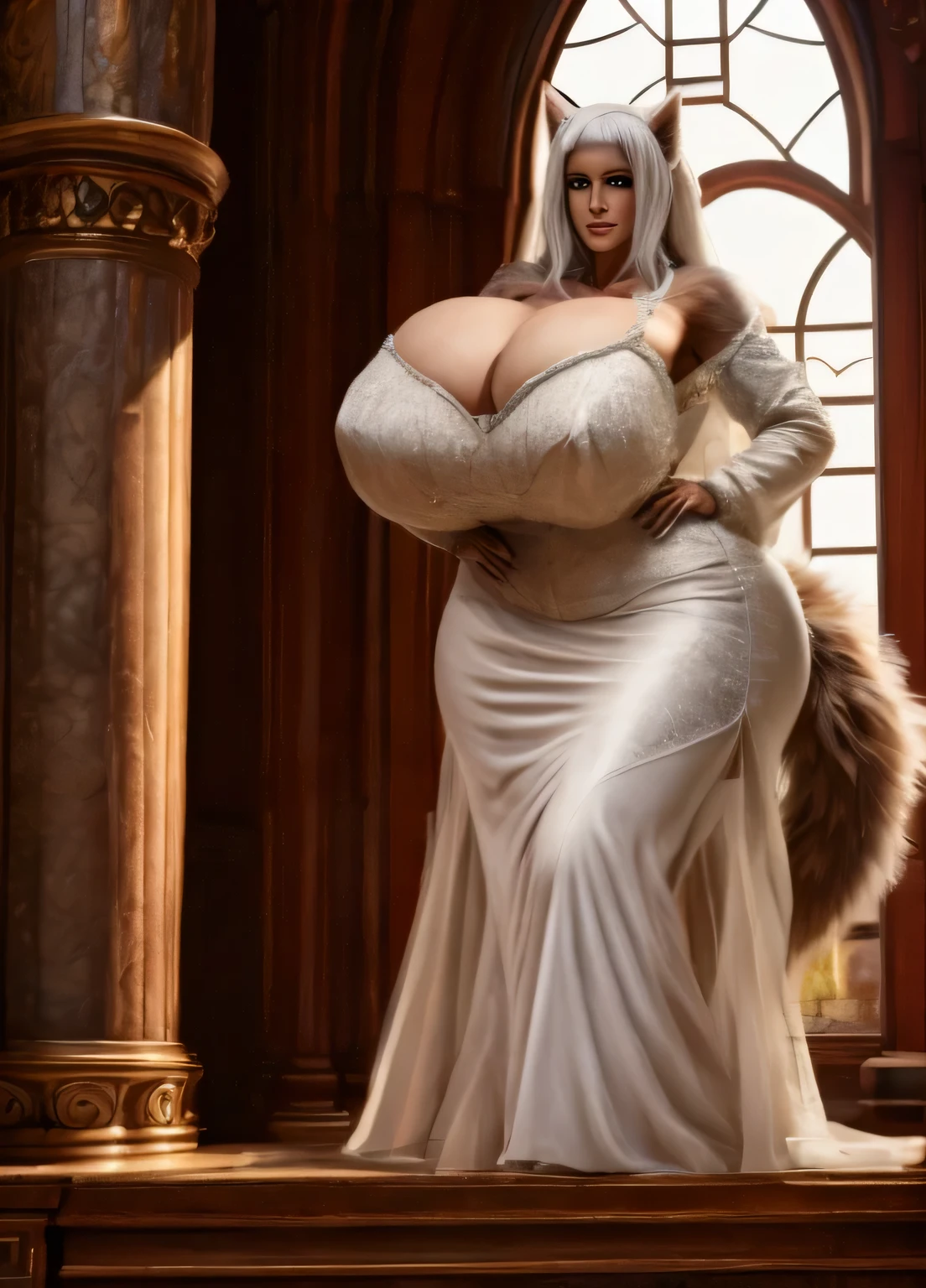 anthropomorphe (human), fluffy tail, wolf girl, huge breast, white hair, huge hips, mariage clothed, tall, Best quality, masterpiece, detailed realistic painting, extreme detail, perfect face