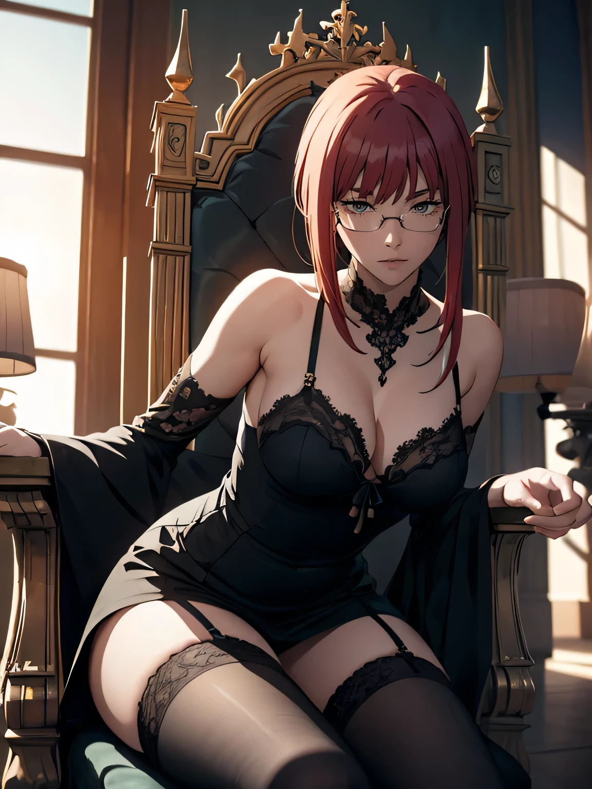 (masterpiece, best quality:1.0), highly detailed, full body view, looking down at viewer, intricate detail, 1woman , sexy woman, makima (chainsaw man), sunglasses, eyewear on head, crossed legs, thighhighs, garter straps, fishnet thighhighs, dress, fishnets, hair down, breasts, black dress, framed breasts, long sleeves, sitting, head rest, crossed legs, throne, gorgeous, gorgeous chair. low-angle effect, leaning forward, looking down at viewer, very detailed, detailed body, detailed face, detailed hands, detailed feet, anime art, extremely detailed CG unity 8k wallpaper, detailed light, cinematic lighting, chromatic aberration, glittering, epic composition, dark in the background, character cesing, very detailed, vibrants, sharp-focus, a detailed eye, super fine illustration, better shadow, finely detail, Beautiful detailed glow, beautiful detailed, extremely detailed, epic composition, presented at artstation, Octane Render, artstation hd, Cinematic, 4 thousand., hypermaximalist, (((sitting on a throne inside a castle)))