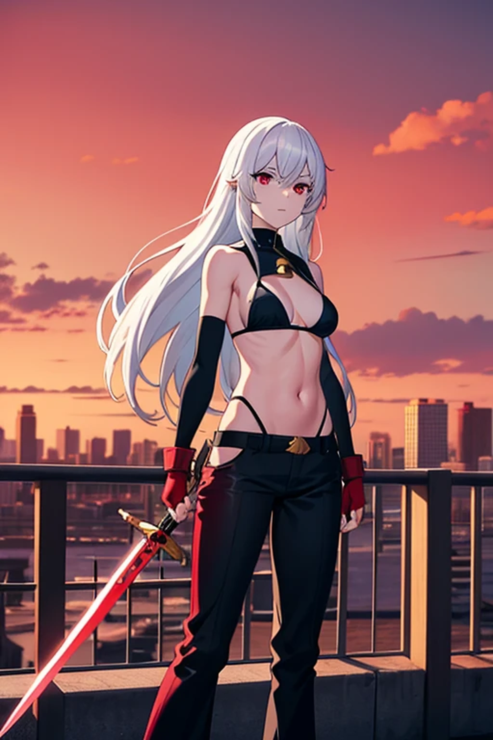 long white hair, bikini, black flared pants, fingerless gloves, bell-bottoms, red eyes, blue sword, red sky, city