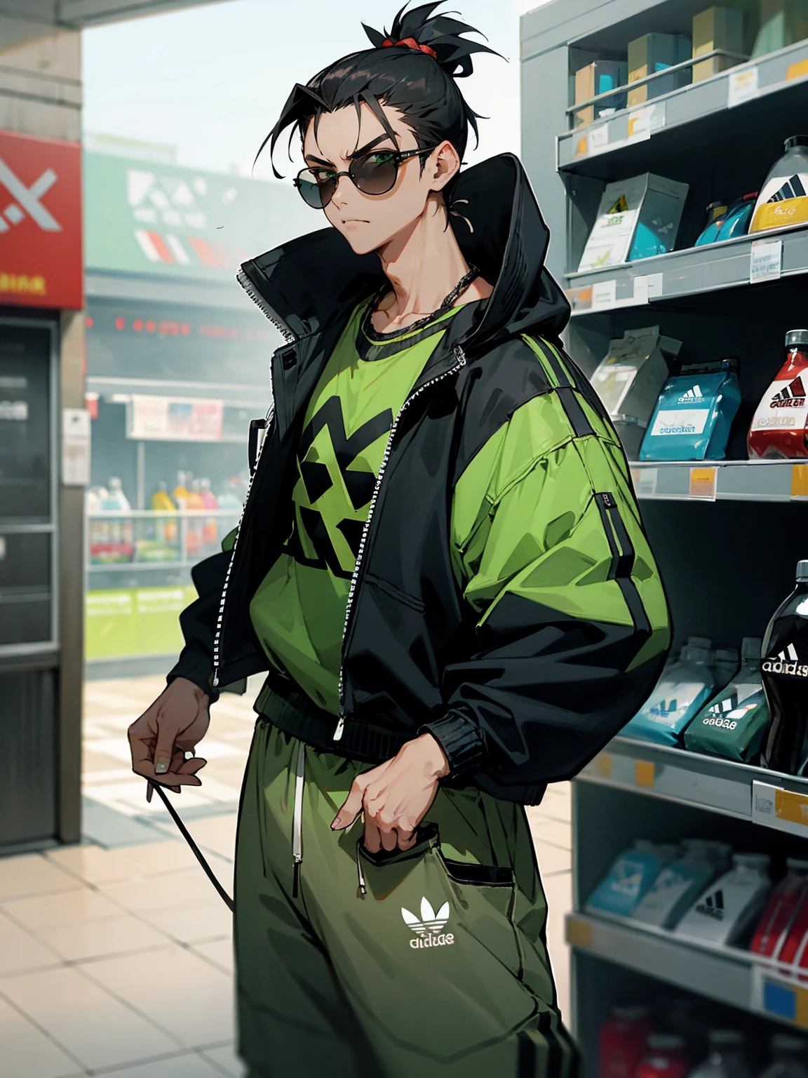 1male, hawaiian hair, black hair, top knot hair, green eyes, adidas jacket, black sweatshirt, adidas sweatpants, chain, convenience store, sunglasses