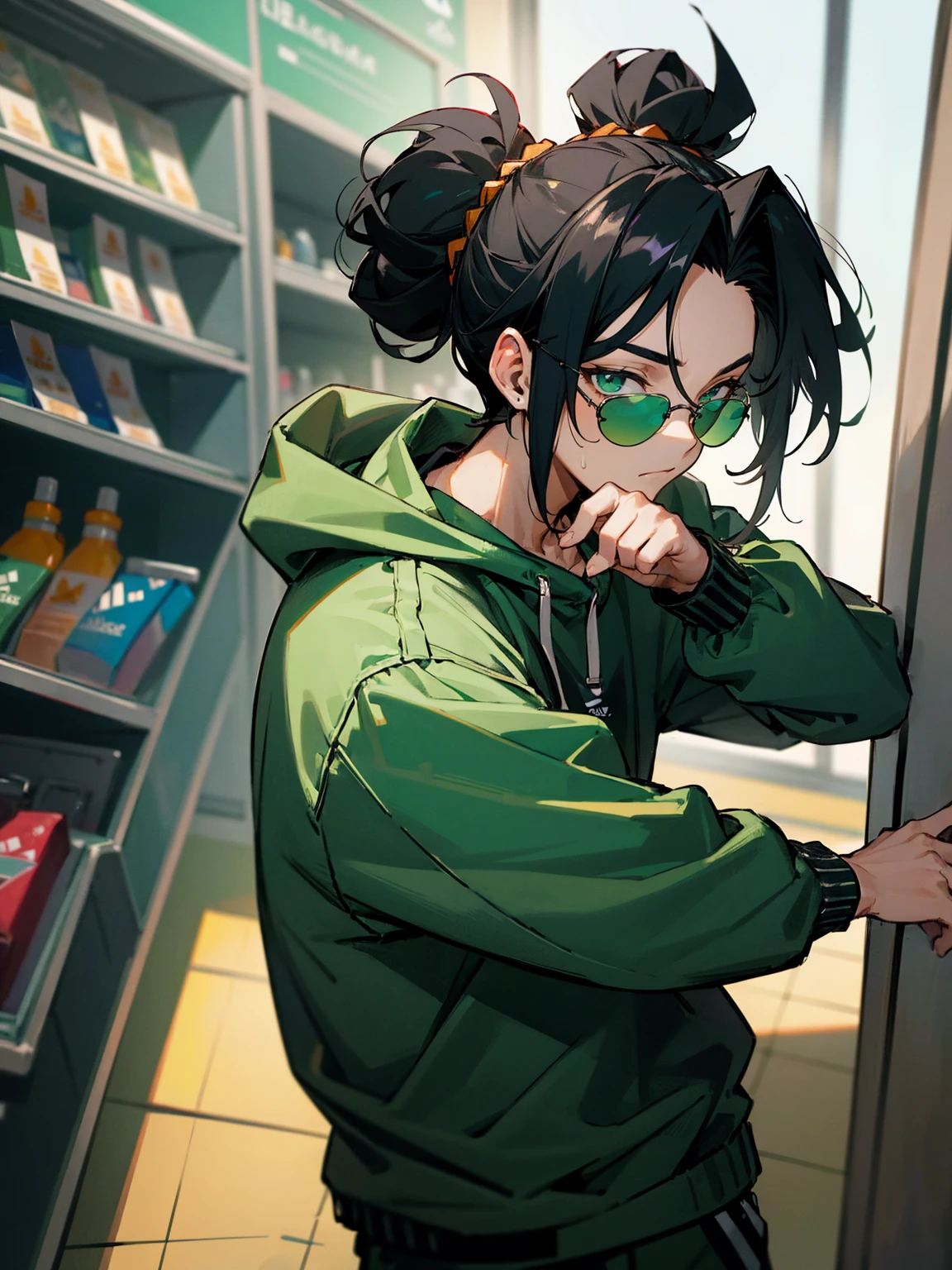 1male, hawaiian hair, black hair, top knot hair, green eyes, adidas jacket, black sweatshirt, adidas sweatpants, chain, convenience store, sunglasses