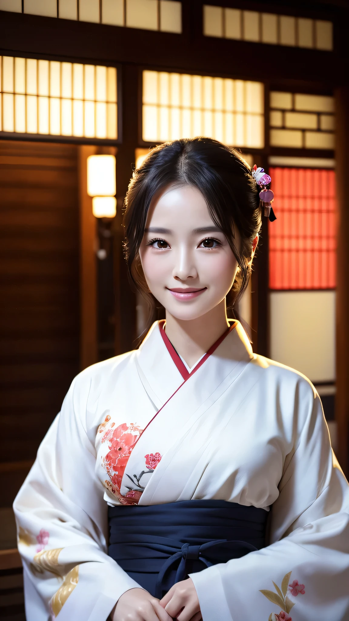 (Super beautiful woman in kimono)、((highest quality、8K masterpiece:1.3))、sharp focus:1.2、(super beautiful face:1.0)、(shiny skin:1.0)、realistic pictures、black hair、video lighting、High resolution eyes and face、video lighting、japanese actress、from the front、with a happy smile、whole body、wearing a kimono、in Kyoto、(luxury obi)、with a fan、Fireworks Display