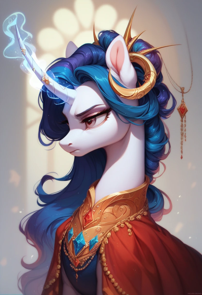 Pony Unicorn, It's dark. curved horn, unusual magical traces. Beautiful clothes. Serious face. Elongated body. Any distinction. Magic. Mixing colors. Accessories are new.
