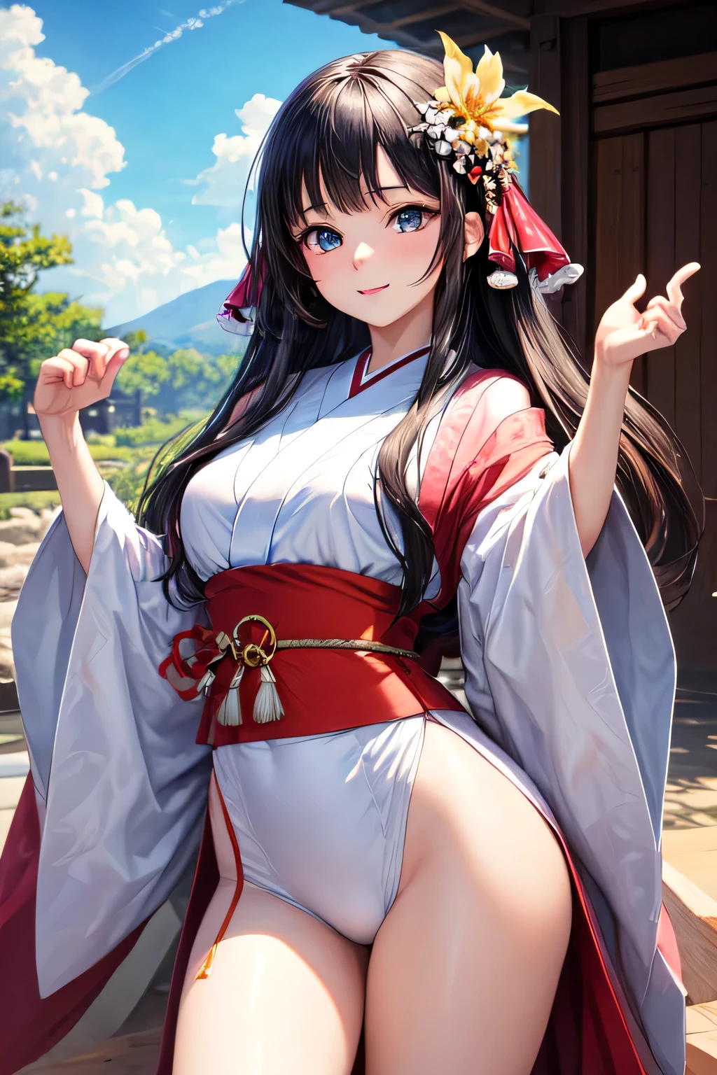 ((best quality)), ((masterpiece)), (detailed), 1girl, Kaguya Shinomiya, classic outfit, cowboy view, in pose, looking at the camera, raising the leg, blue sky. artistic style.