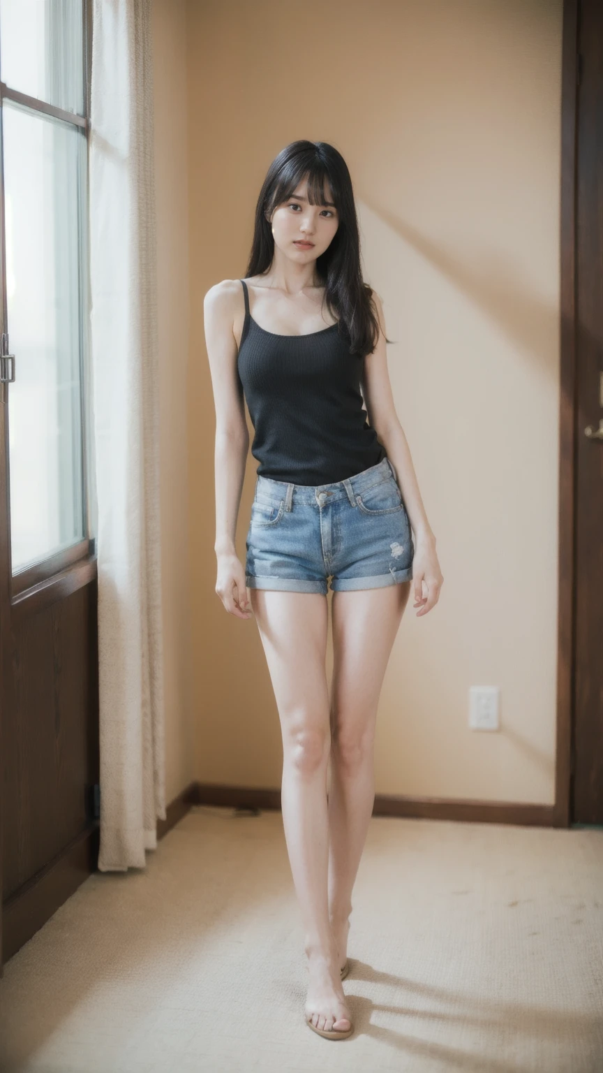 ((1girl)), woman, masterpiece, best quality, highest quality, cinematic lighting, (volumetric lighting), extremely detailed CG unity 8k wallpaper, focused, 8k wallpaper, extremely detailed, ultra realistic, photorealistic, sharp focus, absurdres, (HDR:1.2), (high contrast), photograph, detailed and intricate, instagram, portrait, highly detailed, digital painting, artstation, concept art, smooth, sharp focus, illustration, cinematic lighting, (big breast), (((skinny, slim legs))), (japanese idol posture), (knit strap tanktop, short pants, cleavage), looking at the viewer, (I don't see arms)), ((Standing)), ((Medium body shot, hip level shot)), long hair.